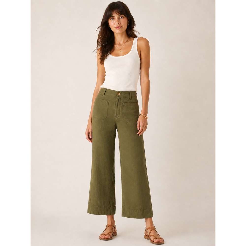 Anthropologie Maeve The Colette Pants 31 Olive Green Crop Wide Leg Linen Blend